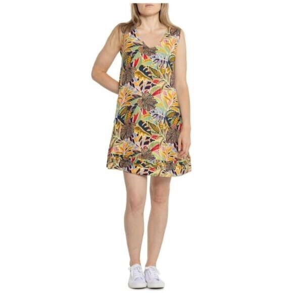 C&C California Linen Dress Size M Tropical Floral Sleeveless Multicolor Pockets - Picture 2 of 13